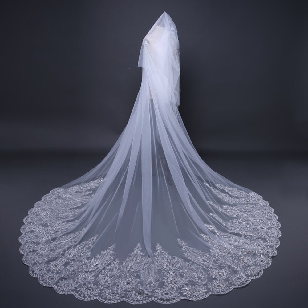 Long Lace-Edged Bridal Veil in White 3M